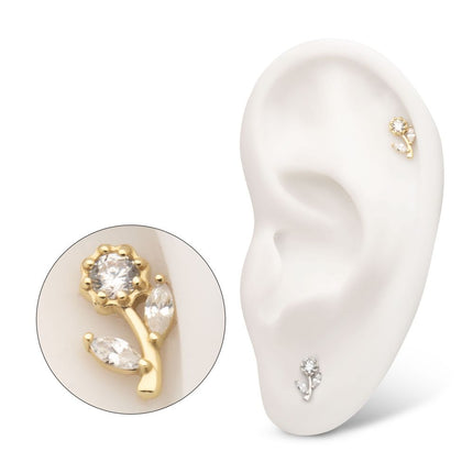 Invictus 14Kt Gold Threadless Rose Flower & Stem Top with Prong Set Rond & Marquise Gem
