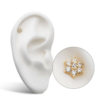 Invictus 14Kt Yellow Gold Threadless with 6 Prong Set Clear CZ and Centerpiece CZ/Synthetic Opal Flower Top