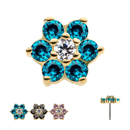 Invictus 14Kt Yellow Gold Threadless with 6 Prong Set CZ and Centerpiece Clear CZ Flower Top