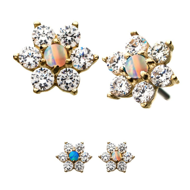 Invictus 14kt Yellow Gold Threadless 6-CZ Clear Gems and Synthetic Opal Top