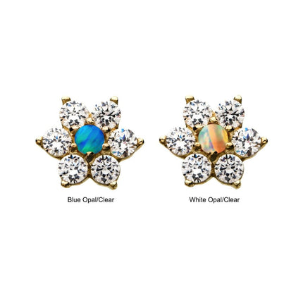 Invictus 14kt Yellow Gold Threadless 6-CZ Clear Gems and Synthetic Opal Top