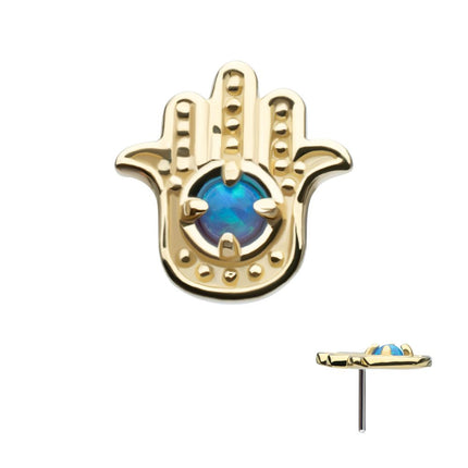 Invictus 14Kt Yellow Gold Threadless Prong Set Round Blue Opal Hamsa Top