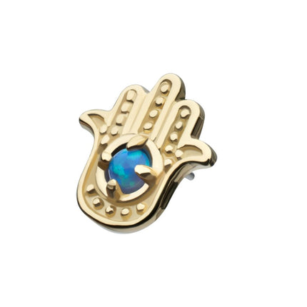 Invictus 14Kt Yellow Gold Threadless Prong Set Round Blue Opal Hamsa Top