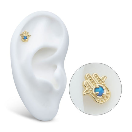 Invictus 14Kt Yellow Gold Threadless Prong Set Round Blue Opal Hamsa Top