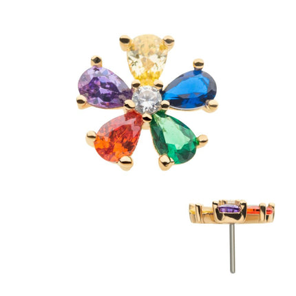 Invictus 14Kt Yellow Gold Threadless with Prong Set 5 Rainbow CZ Flower Top