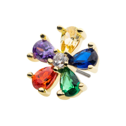 Invictus 14Kt Yellow Gold Threadless with Prong Set 5 Rainbow CZ Flower Top