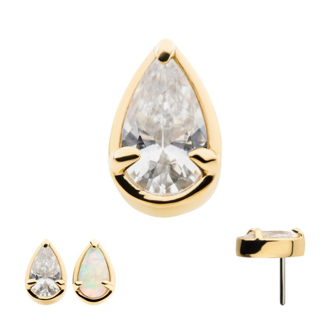 Invictus 14Kt Gold Threadless with Prong Set Pear-Shaped CZ/Synthetic Opal/Stone Top