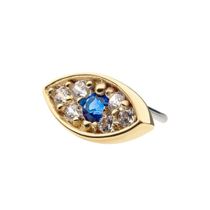 Invictus 14Kt Yellow Gold Threadless Pave Set Round Blue Sapphire & Clear Gem Evil Eye Top