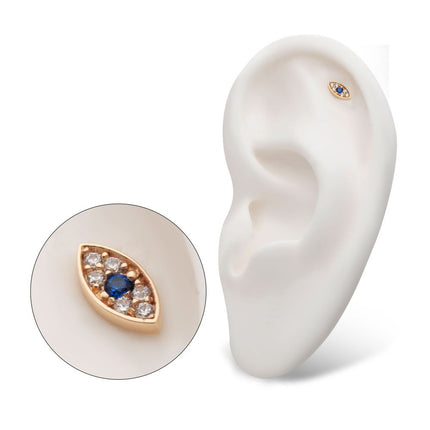 Invictus 14Kt Yellow Gold Threadless Pave Set Round Blue Sapphire & Clear Gem Evil Eye Top