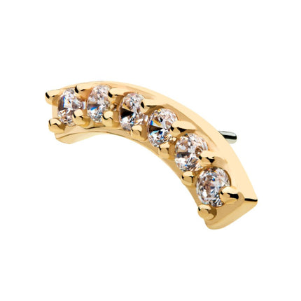 Invictus 14kt Yellow Gold Threadless with Prong Set Clear CZ 6-Cluster Curved Bar Top