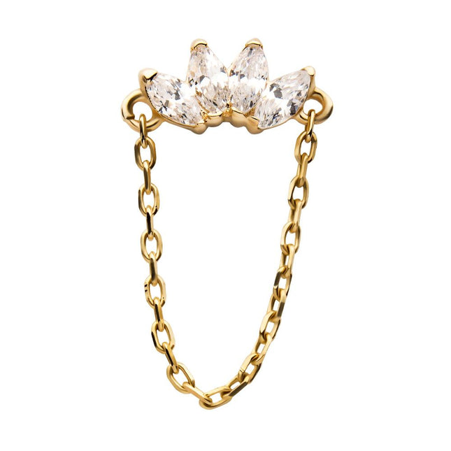 Invictus 14Kt Yellow Gold Threadless Prong Set 4 Clear CZ Marquise Top with Dangling Chain