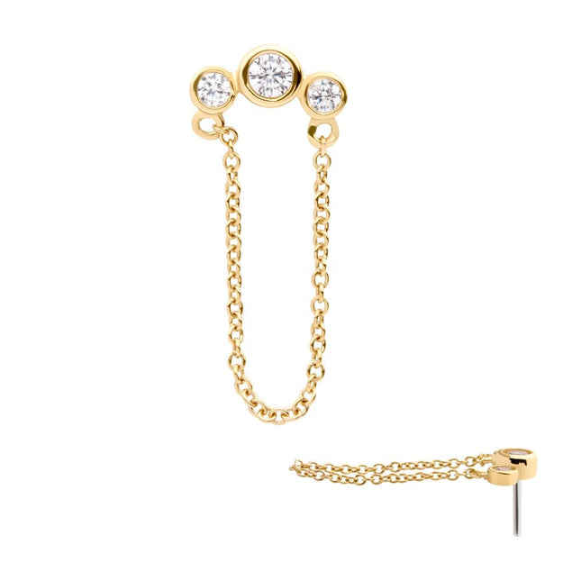 Invictus 14Kt Yellow Gold Threadless with Bezel Set CZ 3-Cluster Top with Dangling Chain