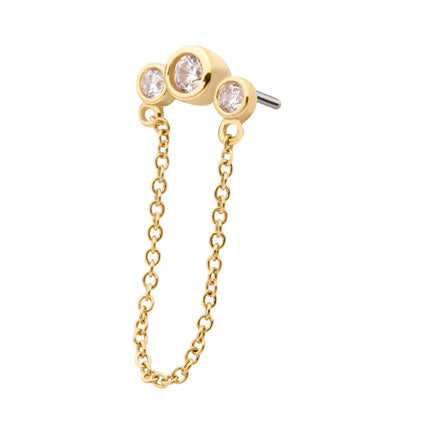 Invictus 14Kt Yellow Gold Threadless with Bezel Set CZ 3-Cluster Top with Dangling Chain