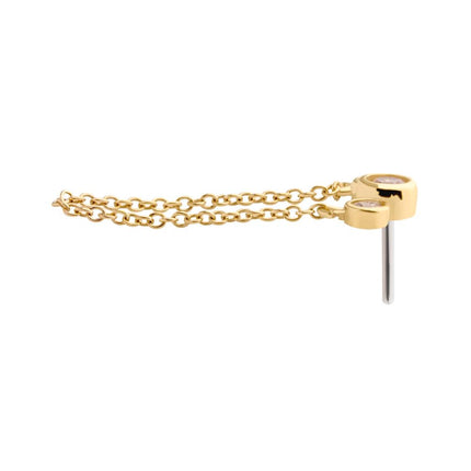 Invictus 14Kt Yellow Gold Threadless with Bezel Set CZ 3-Cluster Top with Dangling Chain