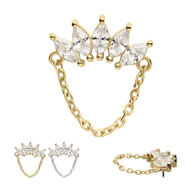 Invictus 14Kt Gold Threadless 5 Cluster Marquise Prong Set Gem Fan Top with Chain Dangle