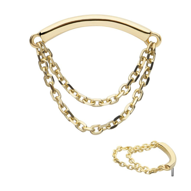 Invictus 14Kt Yellow Gold Threadless Curve Bar Top with 2 Tier Dangle Chain