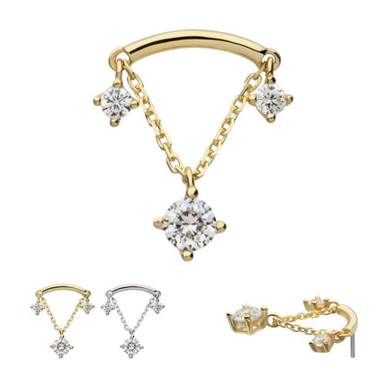 Invictus 14Kt Gold Threadless Curve Bar Top with Prong Set Gem & Chain Dangle