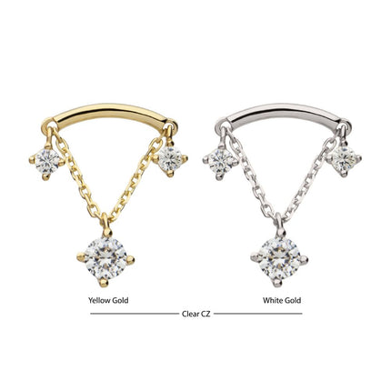 Invictus 14Kt Gold Threadless Curve Bar Top with Prong Set Gem & Chain Dangle