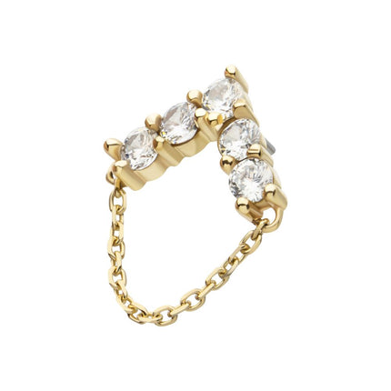 Invictus 14Kt Yellow Gold Threadless 5 Round Prong Set CZ Chevron Shape Top with Dangle Chain