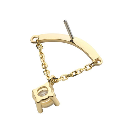 Invictus 14Kt Yellow Gold Threadless Curve Bar Top with 1 Round Prong Set CZ Dangle Chain