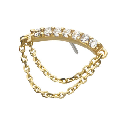 Invictus 14Kt Yellow Gold Threadless 7 Round Prong Set CZ Curve Bar Top with 2 Tier Dangle Chain