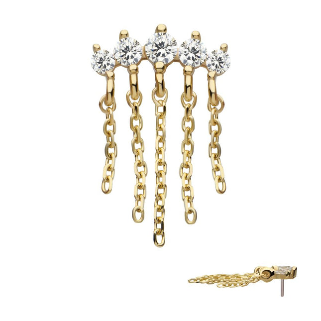 Invictus 14Kt Yellow Gold Threadless 5 Round Prong Set CZ Curve Bar Top with 5 Dangle Chains