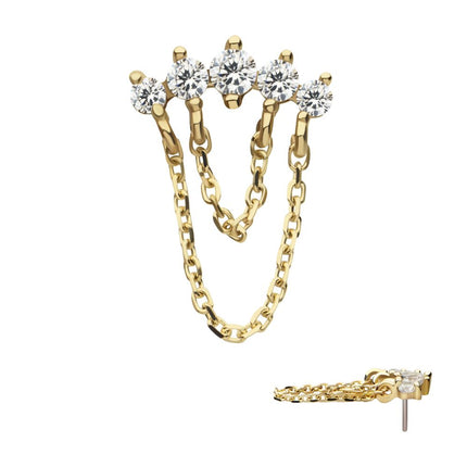 Invictus 14Kt Yellow Gold Threadless 5 Round Prong Set CZ Curve Bar Top with 2 Tier Dangle Chain