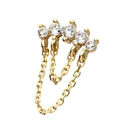 Invictus 14Kt Yellow Gold Threadless 5 Round Prong Set CZ Curve Bar Top with 2 Tier Dangle Chain