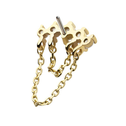 Invictus 14Kt Yellow Gold Threadless 5 Round Prong Set CZ Curve Bar Top with 2 Tier Dangle Chain