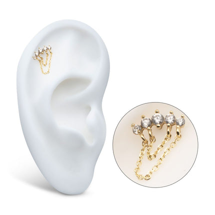 Invictus 14Kt Yellow Gold Threadless 5 Round Prong Set CZ Curve Bar Top with 2 Tier Dangle Chain