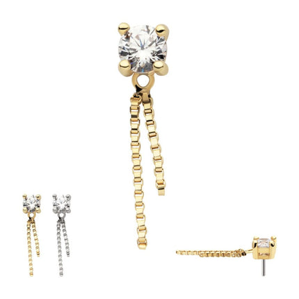Invictus 14Kt Gold Threadless Prong Set CZ Top with Dangle Double Box Chain