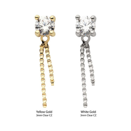 Invictus 14Kt Gold Threadless Prong Set CZ Top with Dangle Double Box Chain