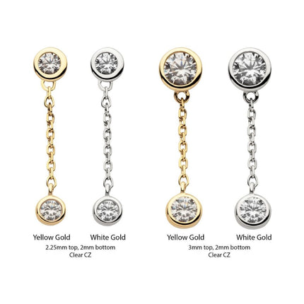 Invictus 14Kt Gold Threadless Double Bezel Set Round CZ with Dangle Chain Top