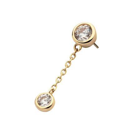 Invictus 14Kt Gold Threadless Double Bezel Set Round CZ with Dangle Chain Top