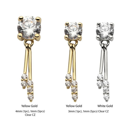 Invictus 14Kt Gold Threadless Prong Set CZ Top with Gemmed Dangle Double Bar