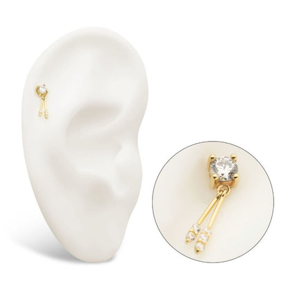Invictus 14Kt Gold Threadless Prong Set CZ Top with Gemmed Dangle Double Bar