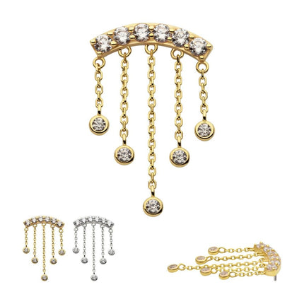 Invictus 14Kt Gold Threadless 6 Cluster CZ Curved Bar Top with 5 Gemmed Dangle Chains