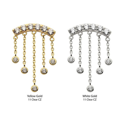 Invictus 14Kt Gold Threadless 6 Cluster CZ Curved Bar Top with 5 Gemmed Dangle Chains