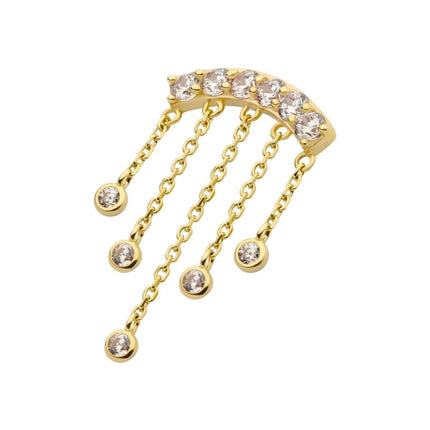 Invictus 14Kt Gold Threadless 6 Cluster CZ Curved Bar Top with 5 Gemmed Dangle Chains