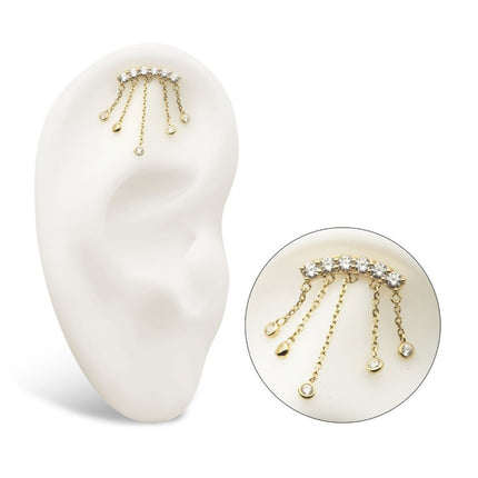 Invictus 14Kt Gold Threadless 6 Cluster CZ Curved Bar Top with 5 Gemmed Dangle Chains