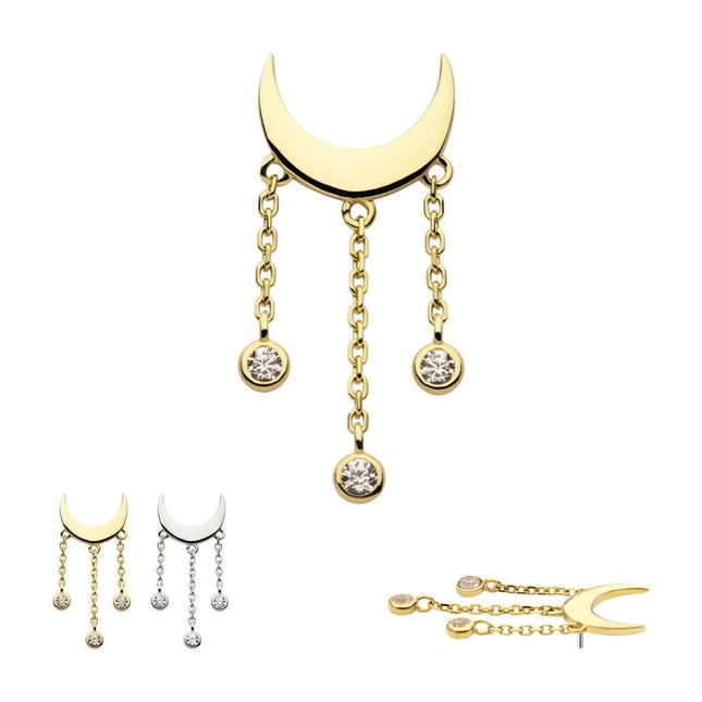 Invictus 14Kt Gold Threadless Crescent Moon Top with Bezel Set CZ Dangle Triple Chain
