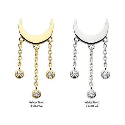 Invictus 14Kt Gold Threadless Crescent Moon Top with Bezel Set CZ Dangle Triple Chain