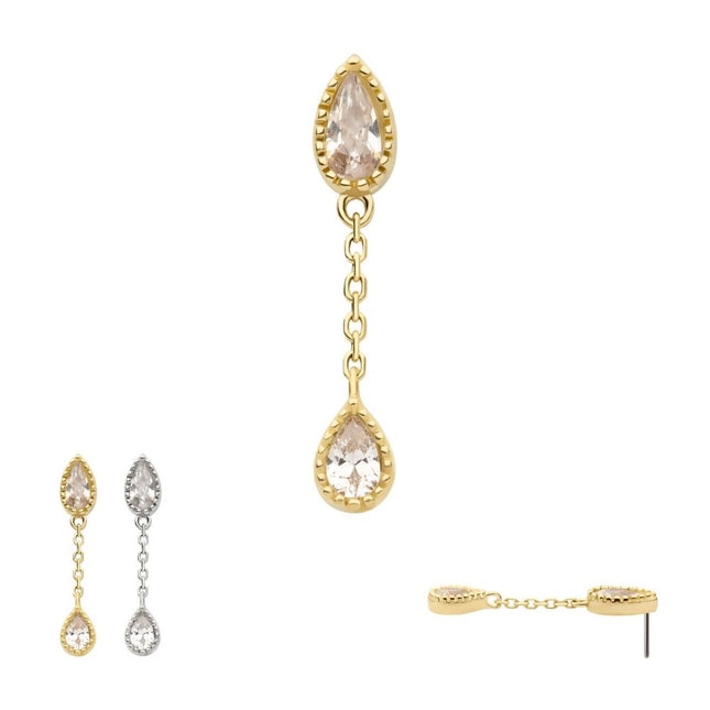 Invictus 14Kt Yellow Gold Threadless Double Teardrop CZ Dangle Chain Top