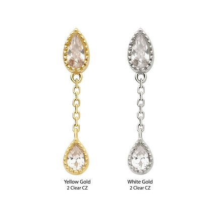 Invictus 14Kt Yellow Gold Threadless Double Teardrop CZ Dangle Chain Top