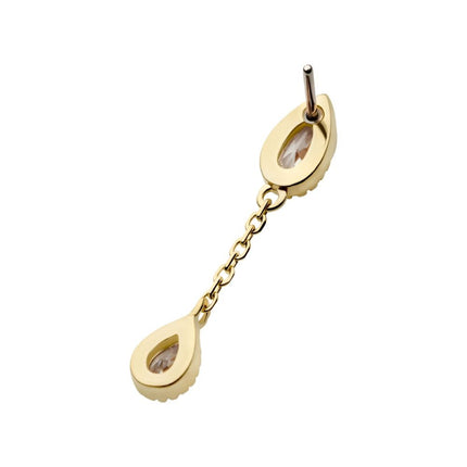 Invictus 14Kt Yellow Gold Threadless Double Teardrop CZ Dangle Chain Top