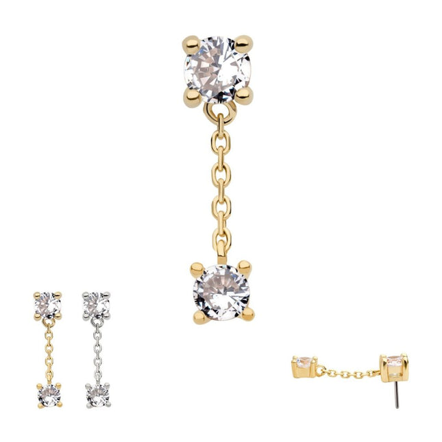 Invictus 14Kt Gold Threadless Double Prong Set Round CZ with Dangle Chain Top