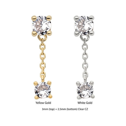 Invictus 14Kt Gold Threadless Double Prong Set Round CZ with Dangle Chain Top