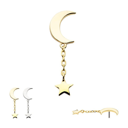 Invictus 14Kt Gold Threadless Crescent Moon with Dangle Chain & Star Top