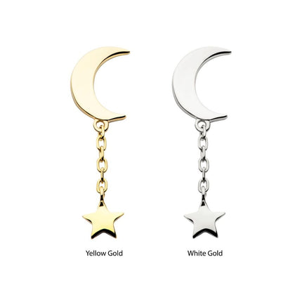 Invictus 14Kt Gold Threadless Crescent Moon with Dangle Chain & Star Top