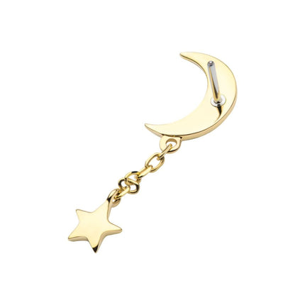 Invictus 14Kt Gold Threadless Crescent Moon with Dangle Chain & Star Top